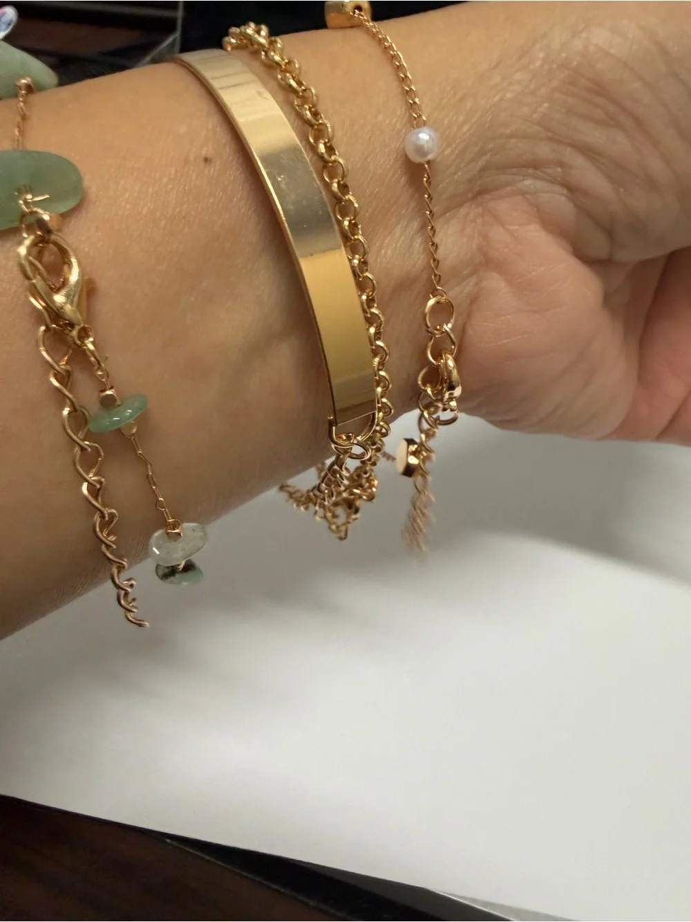 Gold Tone Mixed Bracelet Set with Green Stone Accents
